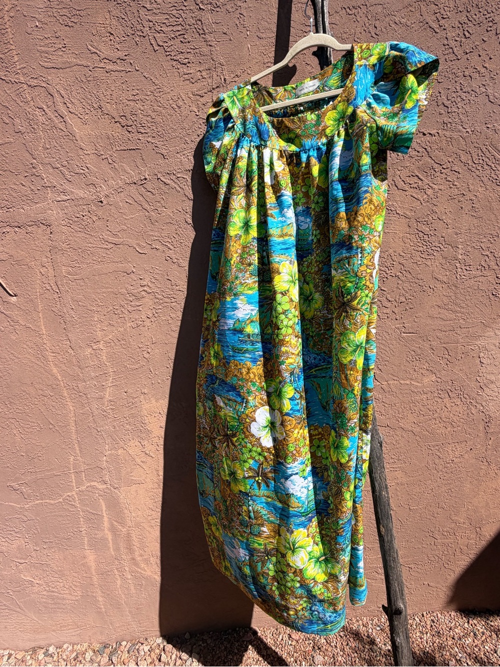Vintage Made in Hawaii Tropical Floral Maxi Muumuu Dress One Size Green Blue
